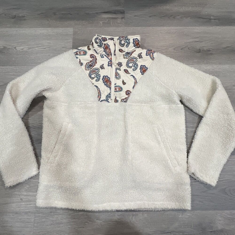 Vera Bradley Women's Cozy Teddy Fleece Pullover 1/4 Zip Cream And Paisley XS
